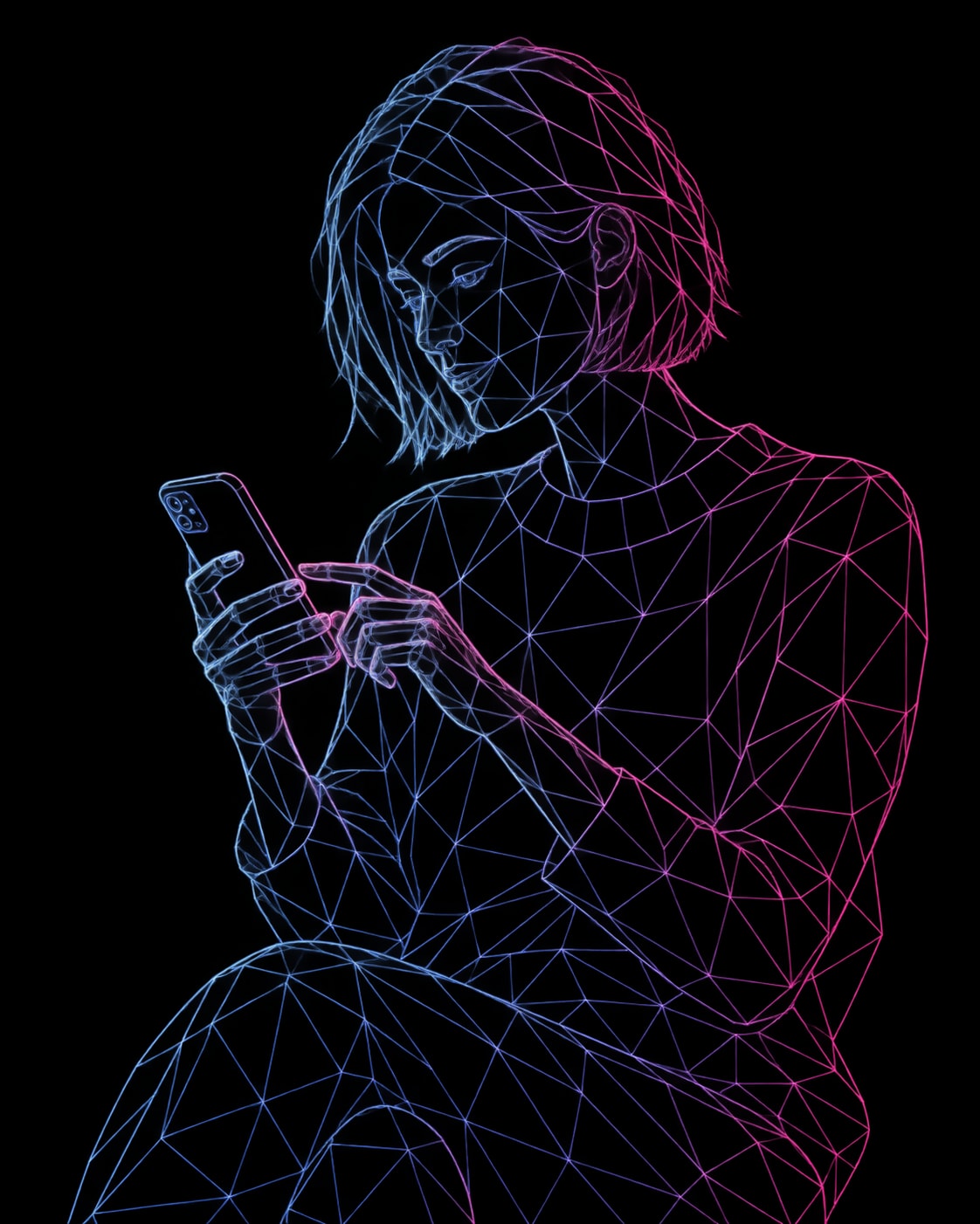 A woman browsing on her phone, reconstructed as a fine blue and pink three-dimensional wireframe.